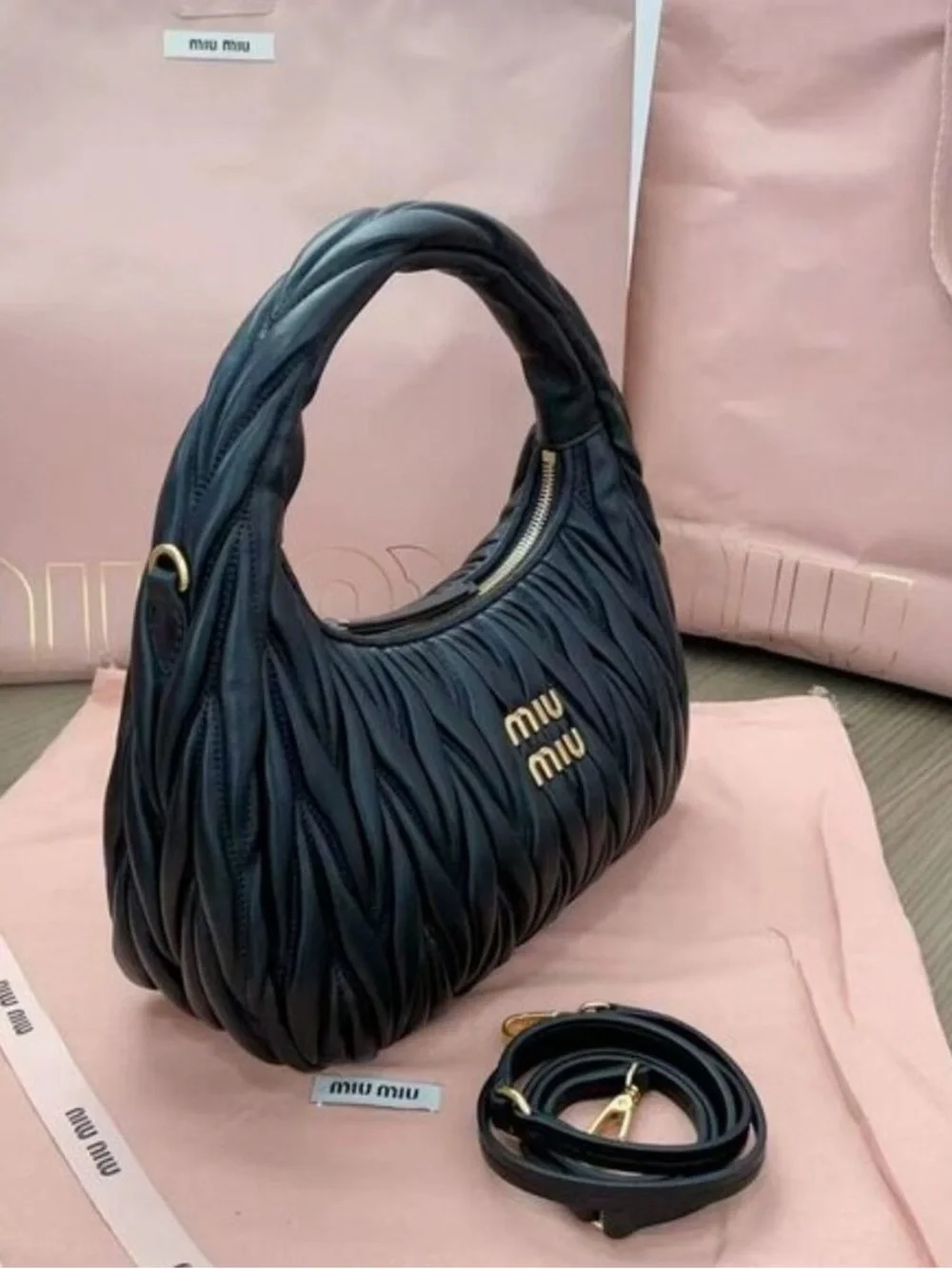 Miu Miu Black Quilted Leather Hobo with Gold Logo Hardware